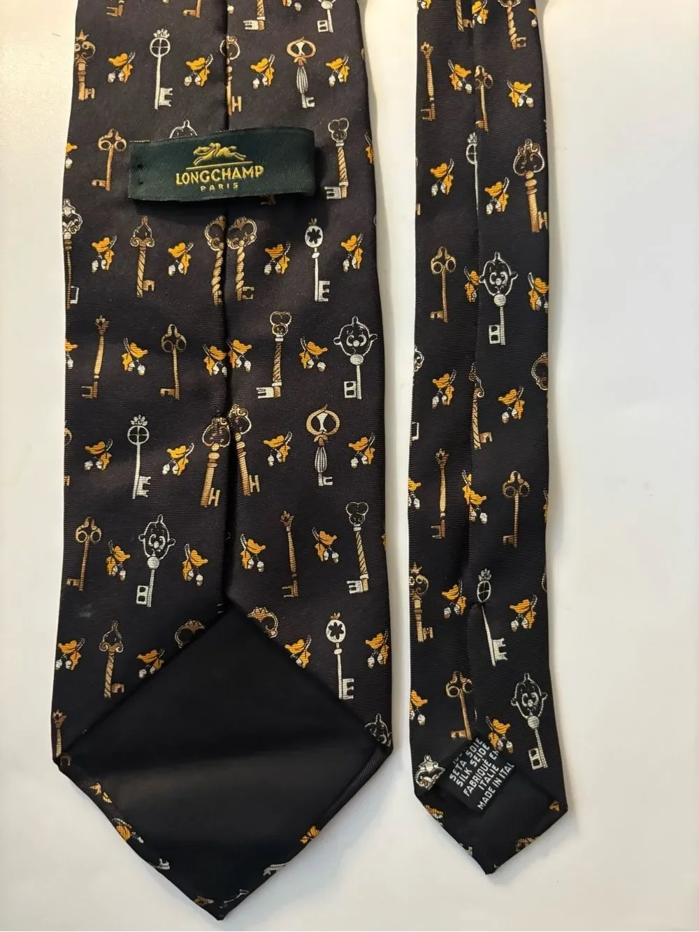 Vintage Longchamp Black Silk Tie with Gold and Silver Key Motif